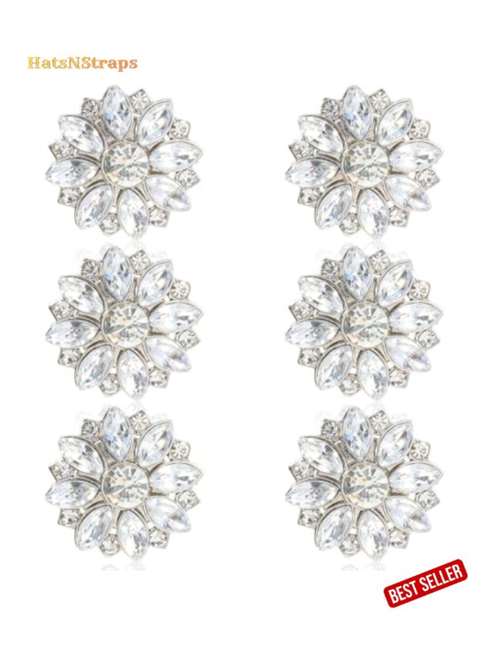 6 Rhinestone Flower Button Covers, Detachable Clip-On Sewing Buttons, Brass